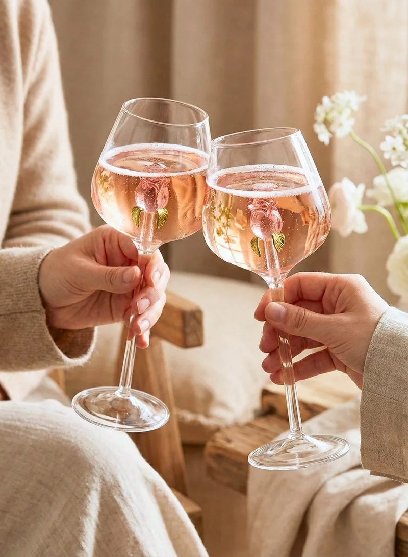 1Chase  Borosilicate Glass Goblet with Rose Design & Stainless Steel Straw – 650ml Decorative Stemmed Drinking Glass (Pink)  | Best Price UAE